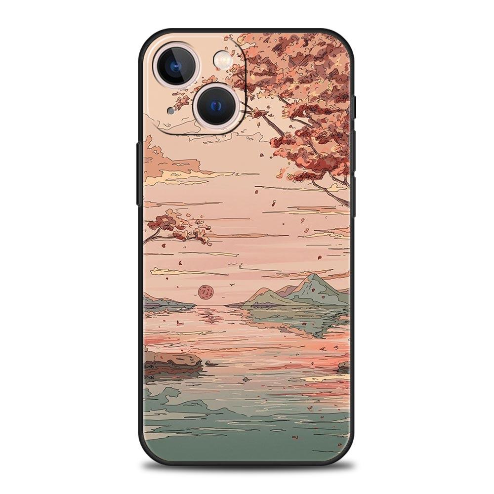 Japan Sunset Scenery Luxury Phone Case For iPhone 13 15 14 12 11 Pro MAX XR X SE XS 7 8 Plus Silicone Black Protection Cover