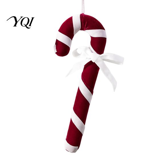 Reusable Holiday Party Pendant Velvet Christmas Candy Cane Ornament, Fabric Decoration with Retro Ornaments Bow, Xmas Tree Hanging Decor for Pendants