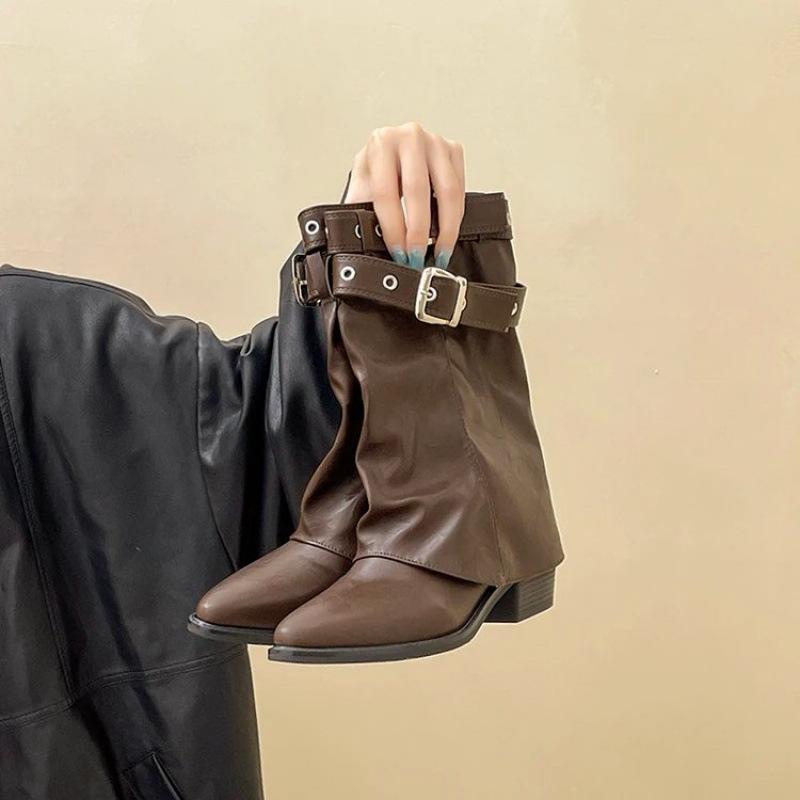 Retro Design Pointed Short Boots Willow Spikes Medium Boots Autumn and Winter Belt Buckle Thick Heel Pile Boots Maillard