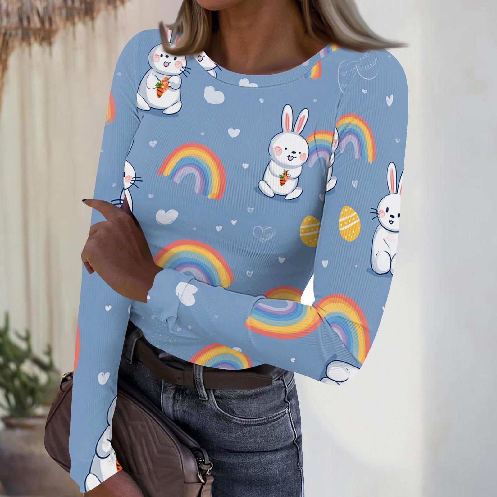

Women s Casual Fashion Round Neck Easter Print Long Sleeve Ribbed Top L синій