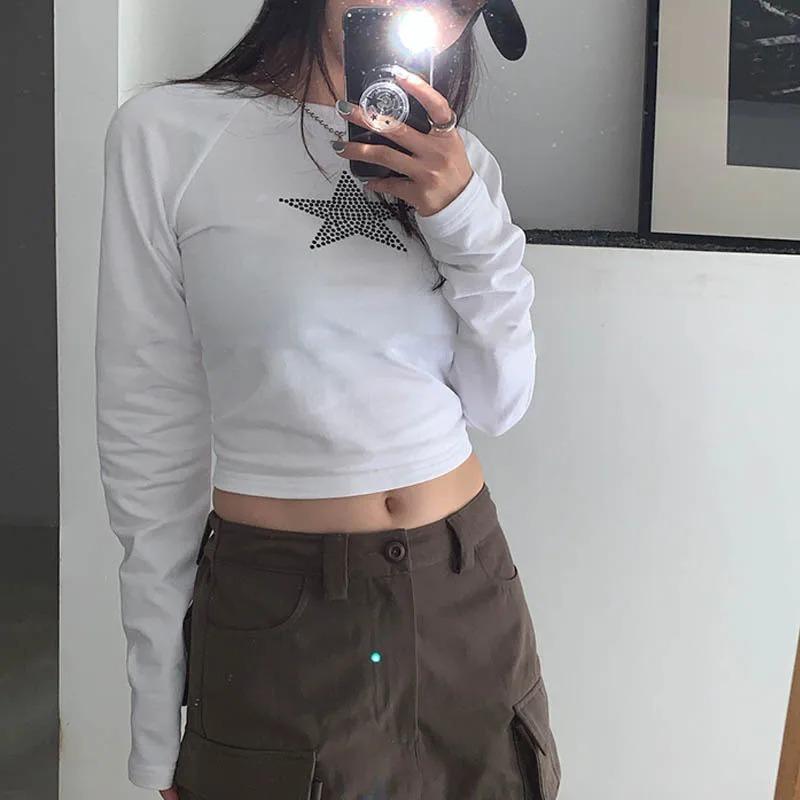 Europäisches und amerikanisches Sternmuster für Frühling und Herbst, Hot-Diamond-Langarm-T-Shirt, Slim Fit, personalisiertes kurzes Oberteil für Damen