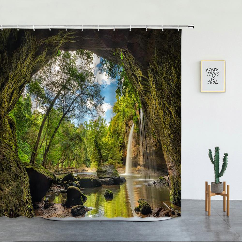 Tropischer Regenwald Landschaft Duschvorhänge Wald Wasserfall Schöne Naturszenerie Luxuriöse Badezimmer Dekoration Bildschirm Mit Haken