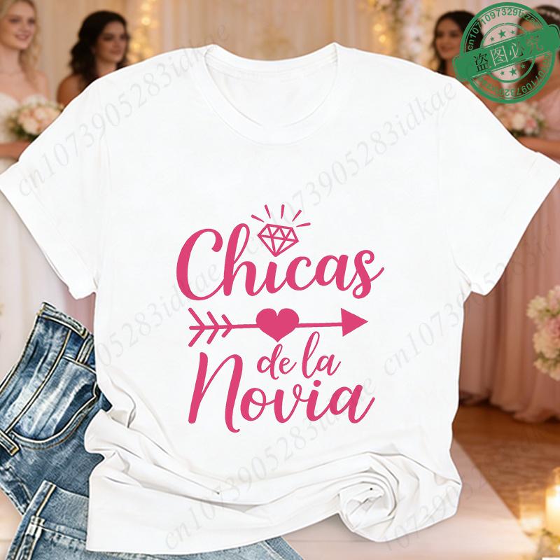 Tribu De La Novia Spanish Single Farewell Bachelorette Party T-shirts Short Sleeve O Neck Tops with Diamond Heart Arrow Graphic