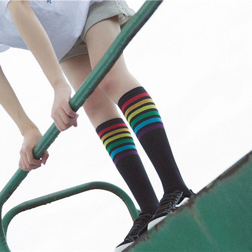 Women Knee Over Cotton Stocking Rainbow Stripe Long Hosiery Football Socks
