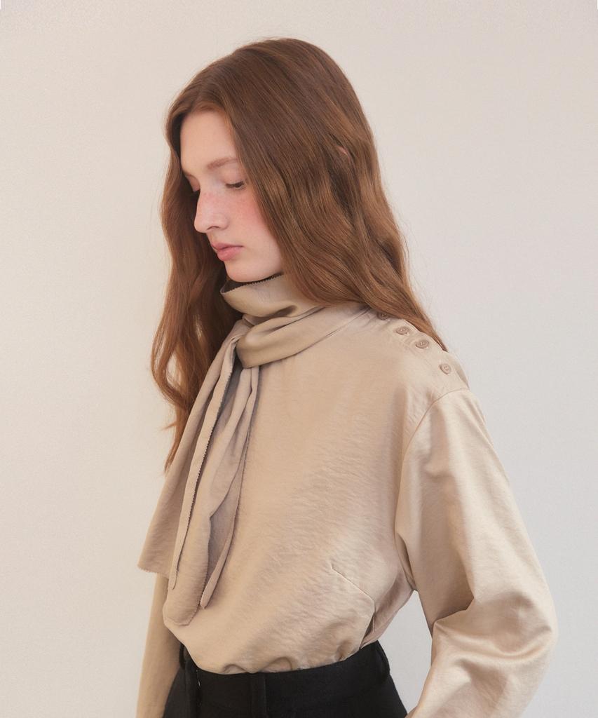 ADAUL Satin Side Button Scarf Neck Blouse - Beige