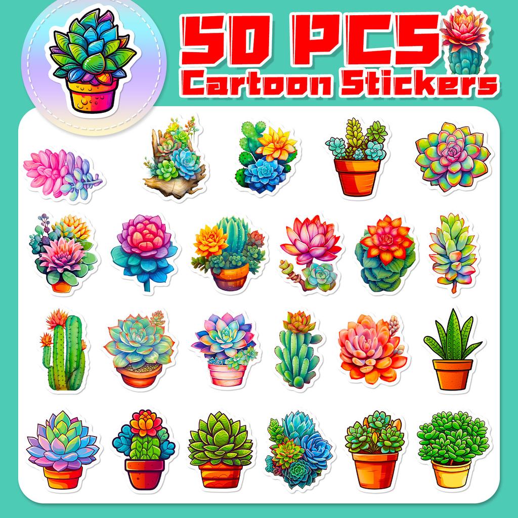 50 Succulent Stickers New Cartoon Ins Wind Succulent Story Series Plant Flowers Graffiti Hand Account Stickers
