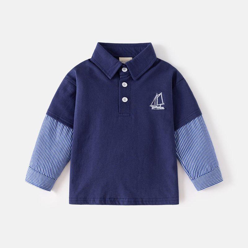 Boys' Sailing Label Polo Shirt Long Sleeves T-shirt Spring and Autumn Kids Lapel Underwear Blouse Baby Fake Two-Piece Tops