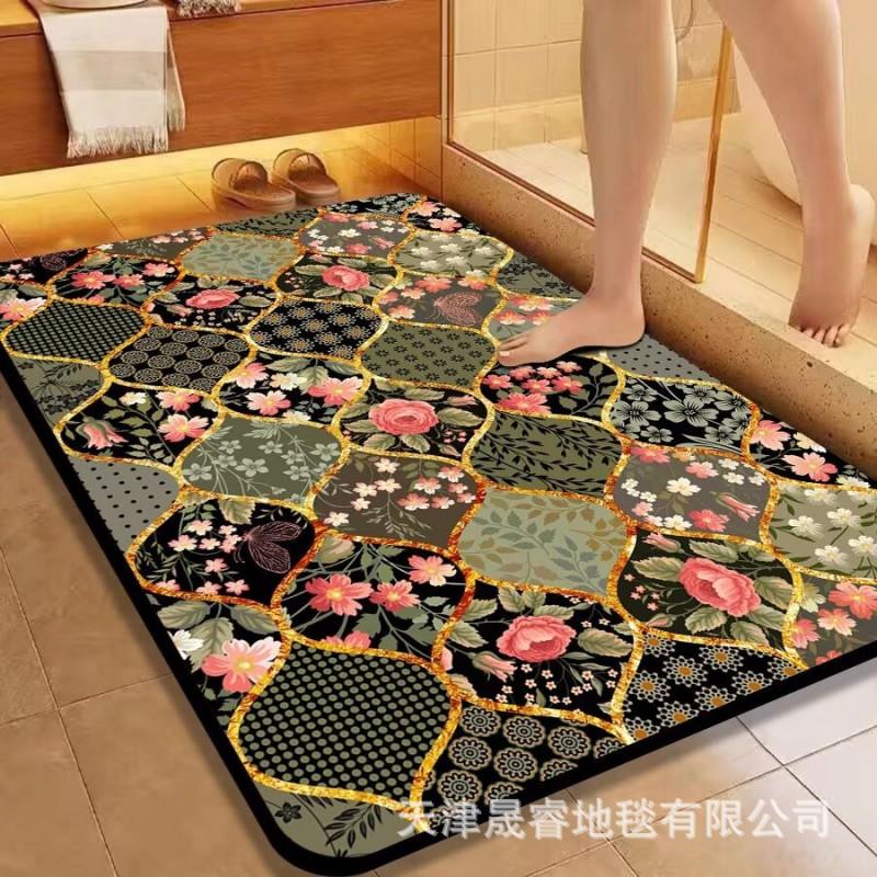 Classic European Style Bath Mat Non-Slip Absorbent Floor Rug Bathroom Entryway Hallway Square Shape