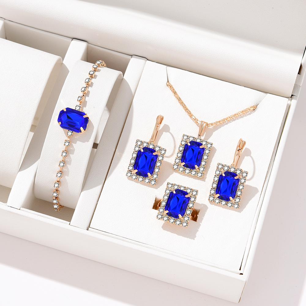 

Набір із 5 предметів Жіночий Сапфіровий Європейський та Американський Стиль Особистість Темперамент Любов Діамантовий Набір: Кольє, Сережки, Каблучка, Браслет синій
