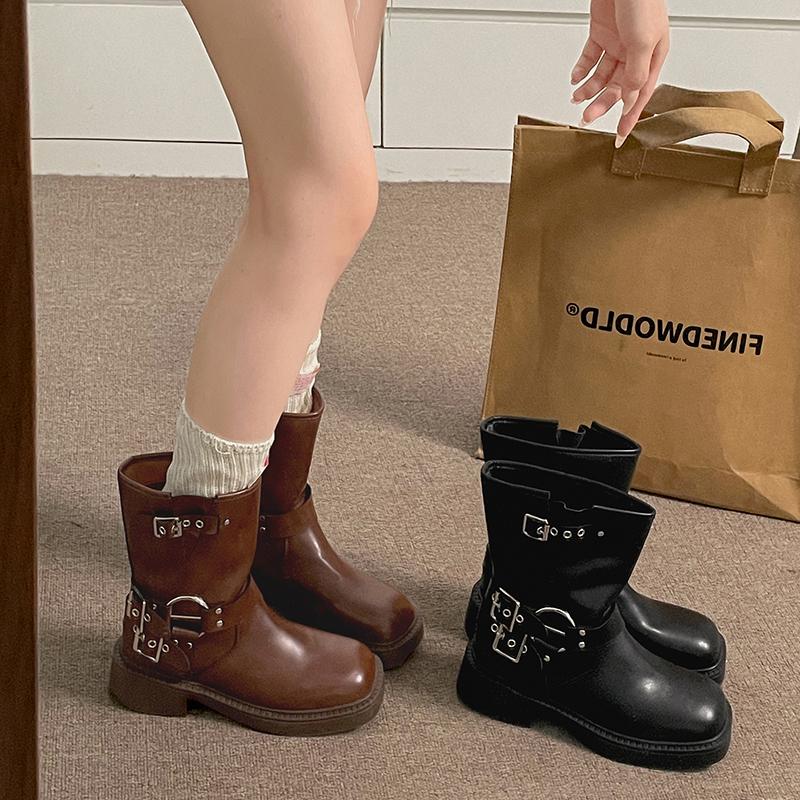 Fashion Vintage Women Western Cowboy Boots Fashion Belt Buckle Autumn Winter Shoes Female Slip On Low Heel Knight Booties