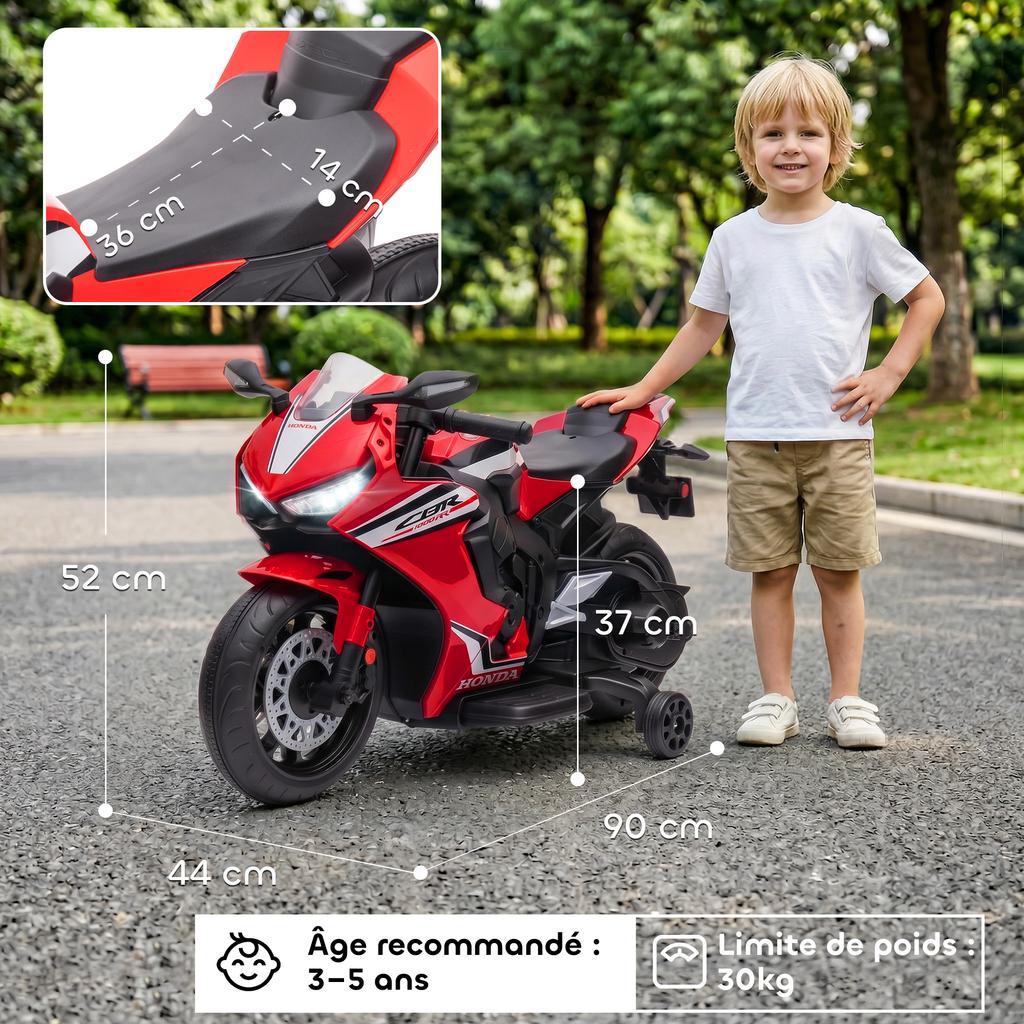 Electric Motorcycle for Children, Licensed Honda, 6 V, 3 km/h, Music, Lights, 2 Training Wheels, Red