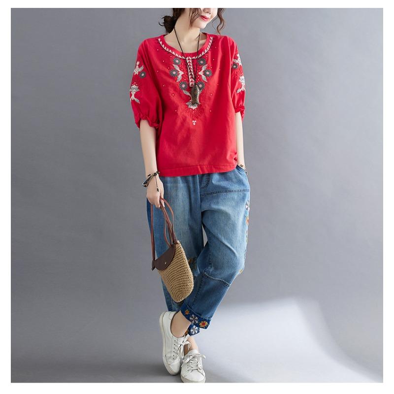 Letnia Nowość Styl Retro Literacki Luźna i Wszechstronna Etniczny Styl Bawełniana i Lniana Haftowana Koszula dla Kobiet