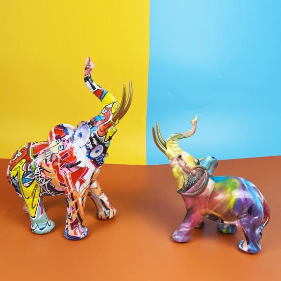 Creative Elephant Shape Statue Graffiti Pattern Good Luck Figure Synthetic Resin Display Mold Office Decor