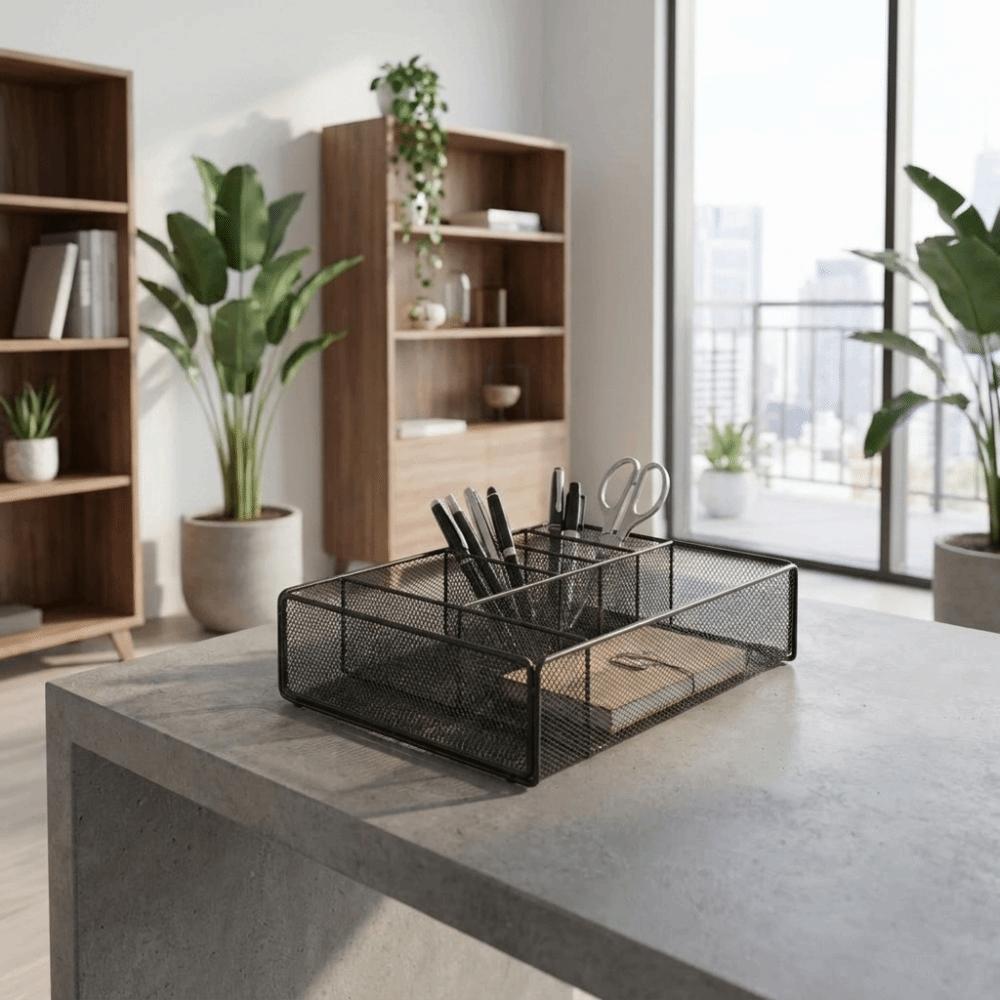 Iron Metal Desk Organizer Hollow Mesh Office Storage Basket Stationery Storage Box  Desktop Use
