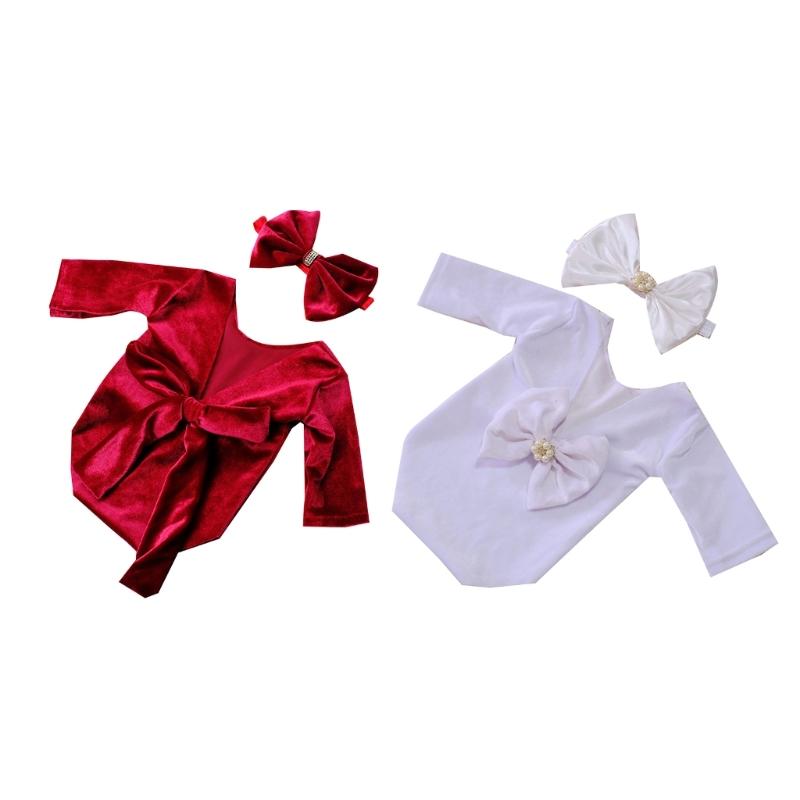 Baby Girls Photo Clothes Long Sleeve Jumpsuit Newborn Costume OnePiece Romper Bowknot Headband Infant Photo Outfit 2pcs