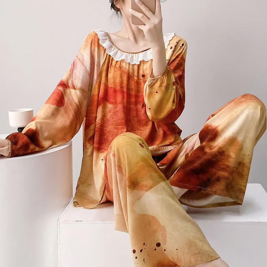 Spring and Summer New Plaid Printing Crew Neck Lace Long-sleeved Trousers Pajamas Set Women's Loungewear Loose Spot