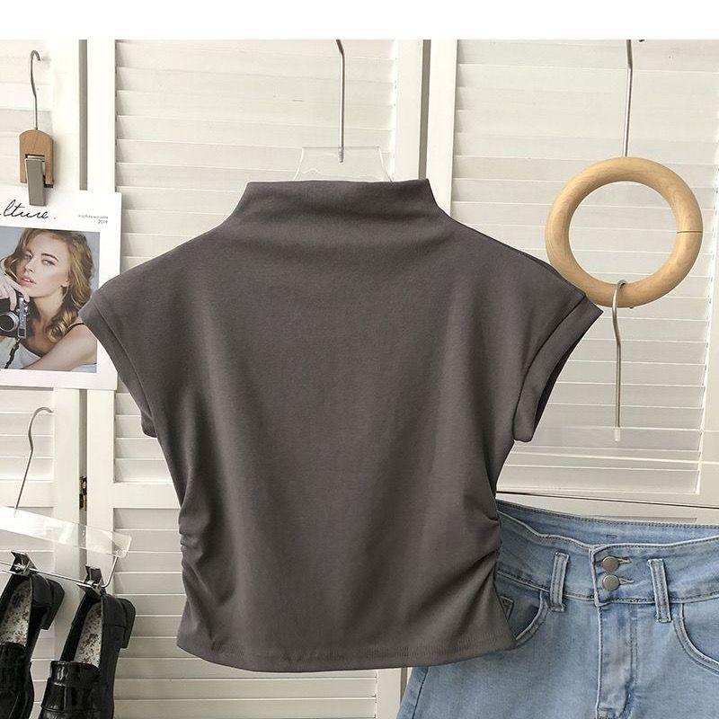 

2025 Women s Retro Semi-High Neck Short-Sleeve T-Shirt – Stylish, Versatile, and Trendy S (35-43 kg) сірий колір