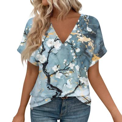 Women's Short Sleeve Shirts V Neck Print Tops Casual Tops Blouse Loose Tops T-Shirts