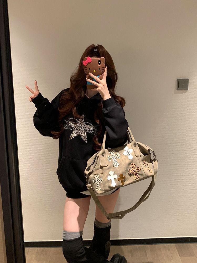 2025 Little Red Book Chrome Hearts Black & White Patchwork Travel Bag with Roman Metal Cross Shoulder Strap