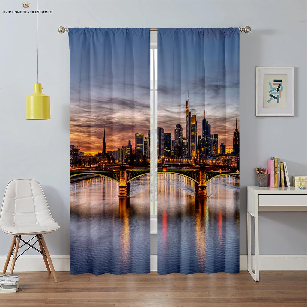 City Night View Building 3d Printing Curtains Living Room Study Bedroom Blackout Curtains High Quality Black Silk Material 2 Pcs