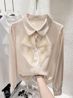 2024 Korean Style Ruffle Beaded Lapel Long-Sleeve Chiffon Top for Women
