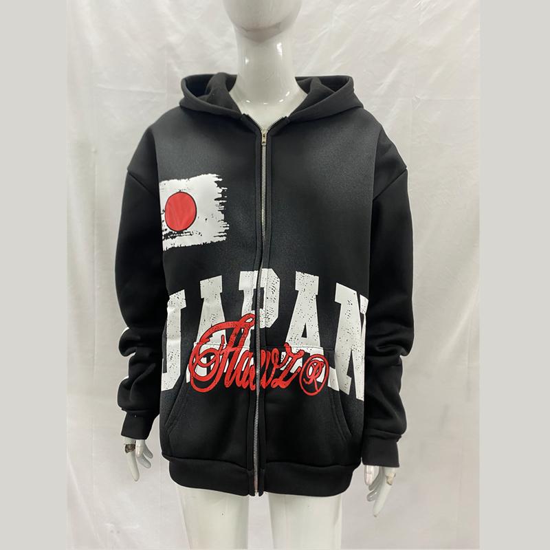 European and American Personalized Printed Stripe Retro Street Trendy Zipper Long Sleeve Hoodie