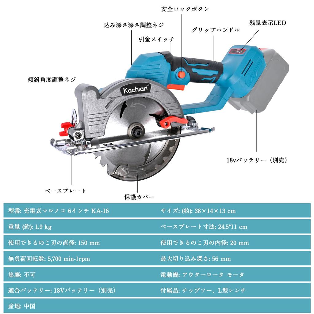 kachiari KA-16 150mm Cordless Circular Saw, Outer Rotor Brushless Motor, 5700RPM, 6-inch Saw for Makita 18V Battery, Lightweight DIY Tool (Body Only)