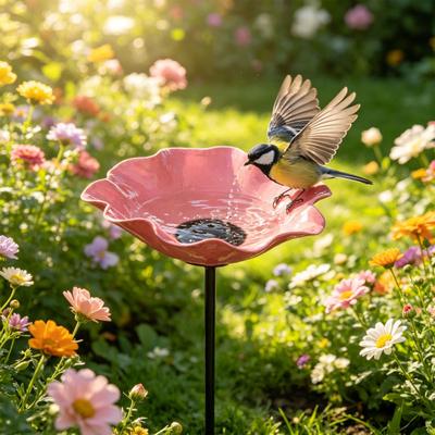 Garden Metal Flower Stake Decorative Bird Bath Ground Insert Bee Watering Station Butterfly Bowl for Backyard Pollinators Wild Birds Patio Decoration