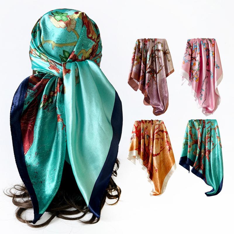90cm Women’s Scarf – New Style Headscarf, Vintage Print Shawl, Rayon Satin Square Scarf