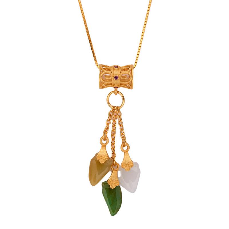 Ancient Gold Craft S925 Sterling Silver Natural Chalcedony Turquoise Treasure Necklace Women'S Fashion Design Versatile Pendant