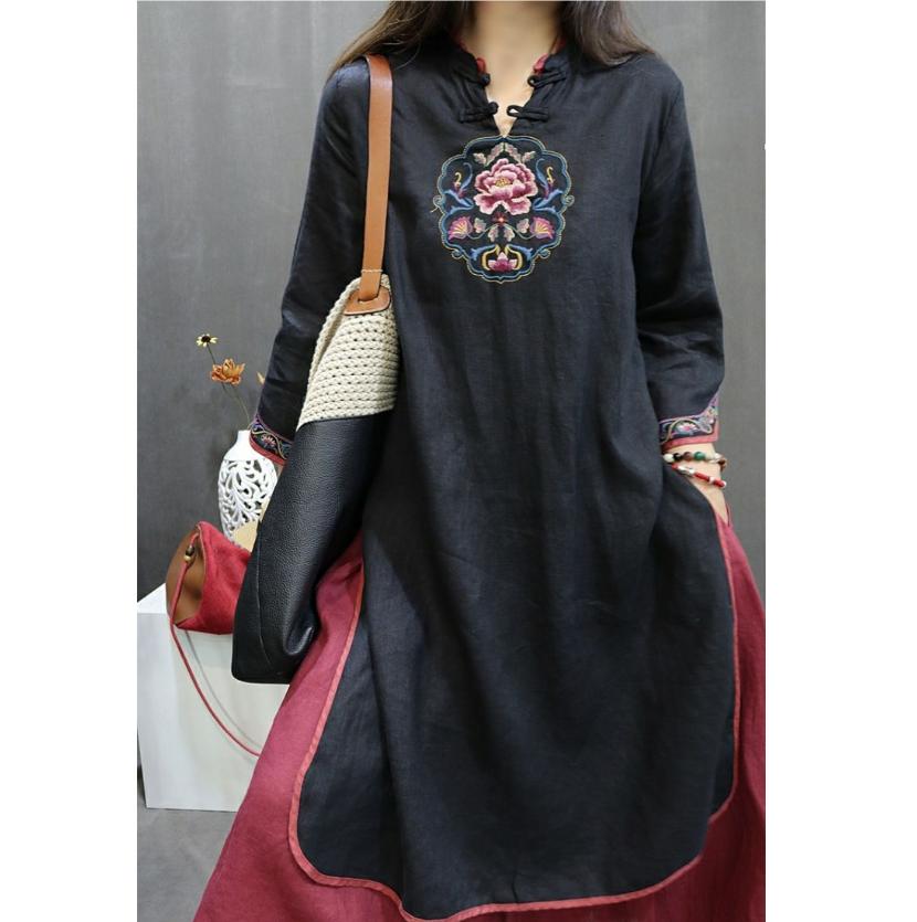 

Summer Chinese Style Cotton Linen Qipao Seven-point Sleeves Medium Length Split Dress Vintage Ethnic Embroidery Dress 4XL чорний