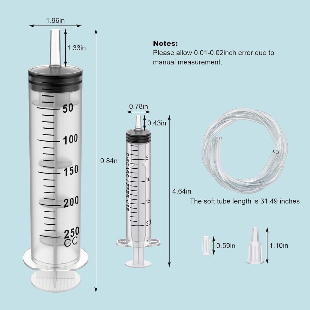 2Pack 250ML Extra Large Syringe and 2Pack 20ML Plastic Syringes with Tip Adapter&Soft Tube, Sterile Individually Wrap Measurement and Dispensing