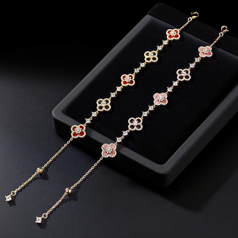 Hui Zhi Yi S925 Silver Four-Leaf Clover Red Agate Adjustable Bracelet for Women