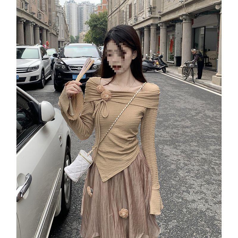 Stylish Women s Spring 2026 French-Inspired Fashion Set: Long Skirt with Irregular Top, Solid Color S