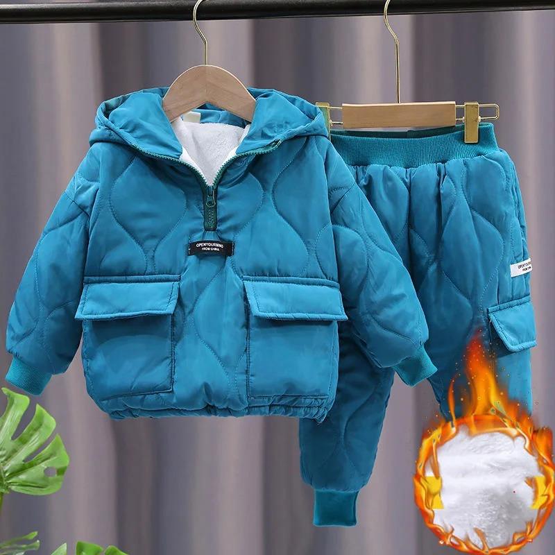 

Зимние комплекты одежды для девочек и мальчиков 2-10 лет, теплые толстые куртки, штаны, костюм для мальчиков, пальто, брюки, детский спортивный костюм 90cm синий