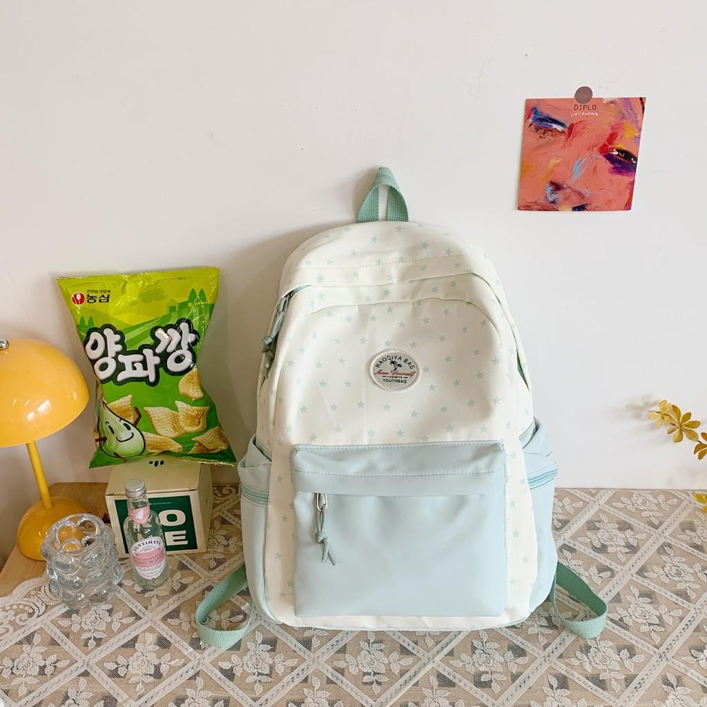 Trendy Lightweight Student Backpack With Polka Dot Print Color Blocking Design For School Use