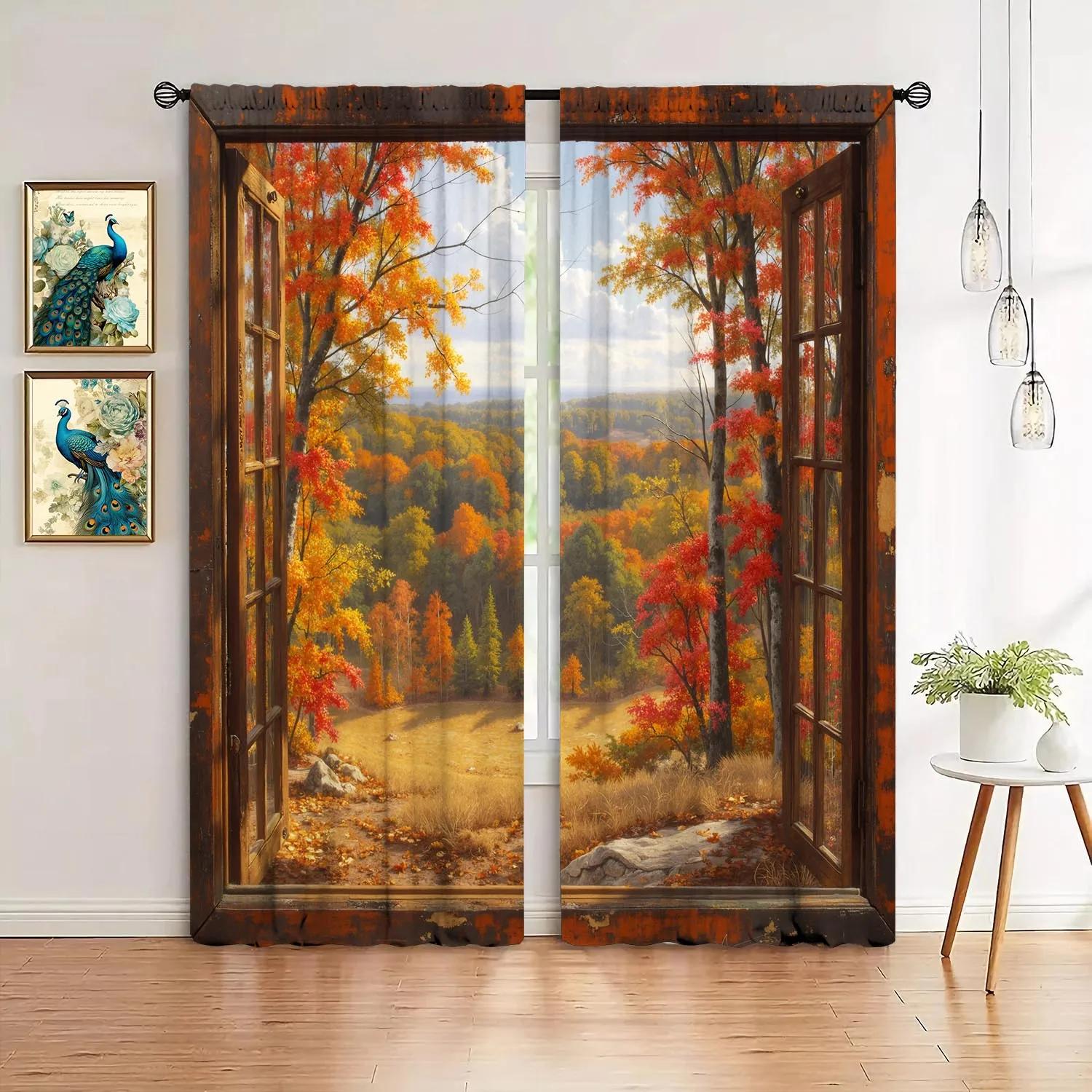 2pcs Autumn Sunshine Forest Red Leaf Scenic Printed Curtains - Artistic Home Decoration Curtains   All Season Decorative Curtains 100*130 Rod Pocket 1pcs
