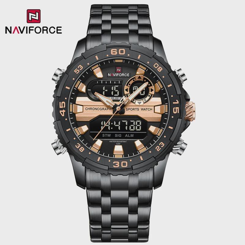 Fashion Golden Men Watch Multi-functional Quartz Wrist Watches Quartz Analog + LED Digital Movement Waterproof Steel Strap