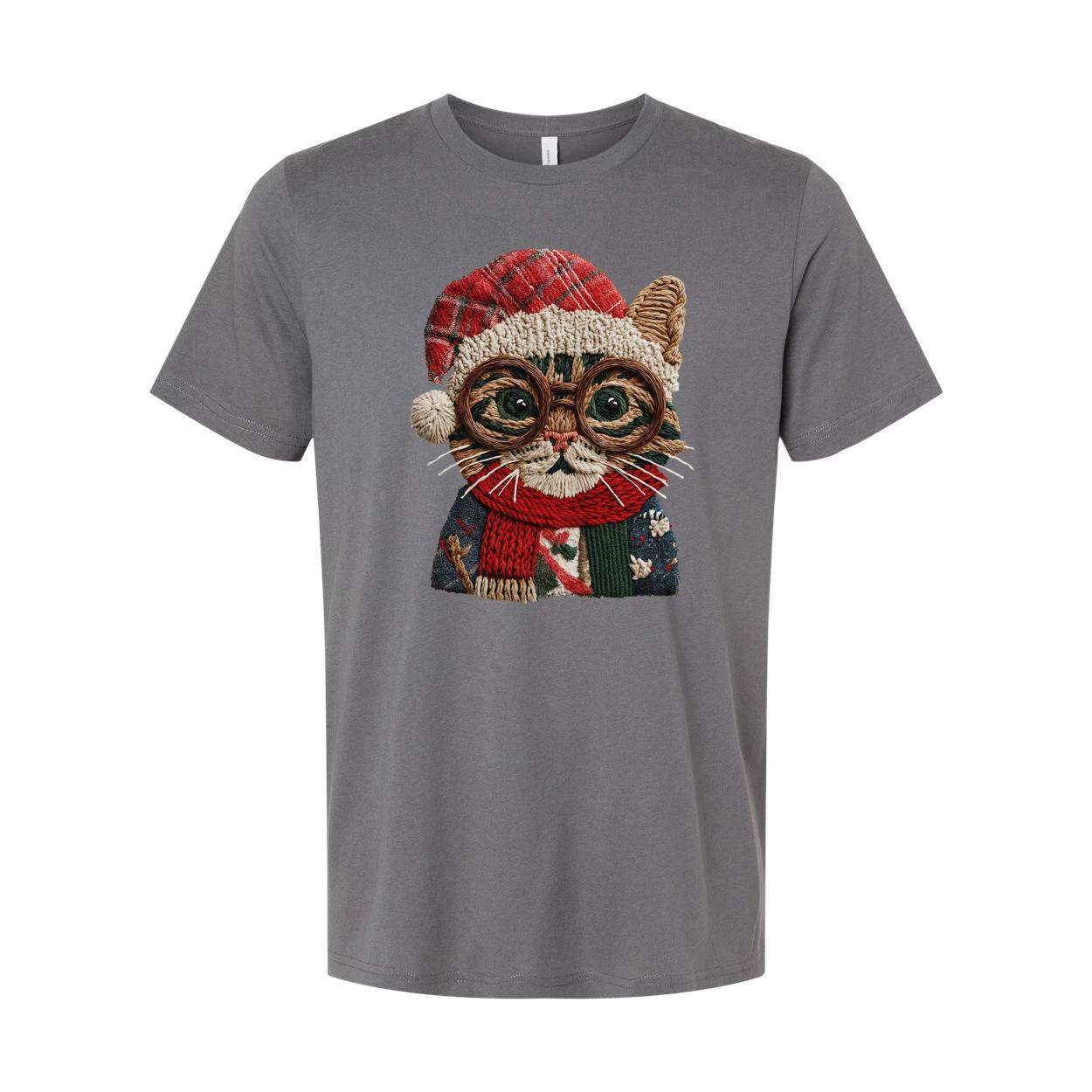 

Unisex Christmas Cat Graphic T Shirt With Knitted Look Glasses Santa Hat And Sca 4XL