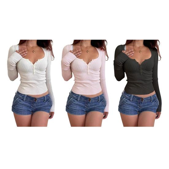 Women Tops Round Neck Buttons Half Placket Long Sleeve Pullover Tops Solid Color Slim Fit Bottom Tops Daily Wear