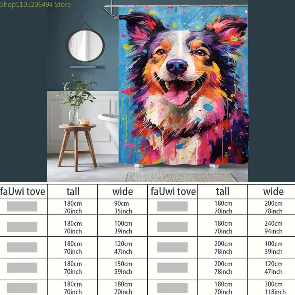 One Colorful Abstract Dog Portrait Bathroom Shower Curtain | Quick Drying, Machine Washable, Polyester, with 12 Hooks, Fashion