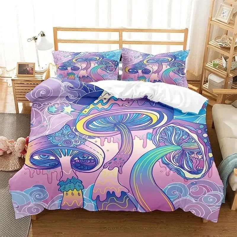 TOP New Colorful Mushroom Duvet Cover Microfiber Mandala Pattern Bedding Set Bohemian Magic Mushroom Quilt Cover