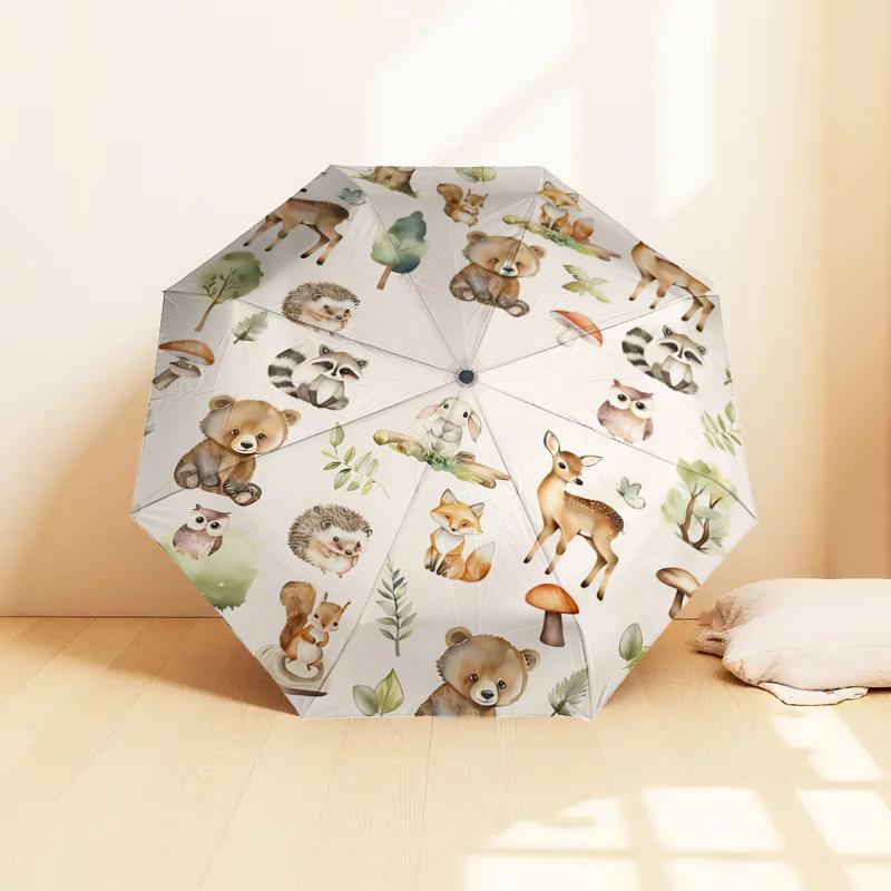 Woodland Animal Forest Friends - Automatic Opening Umbrella, Portable Tri-Fold Design, 8-Bone Iron Frame Outdoor Umbrella, Festival Gift for