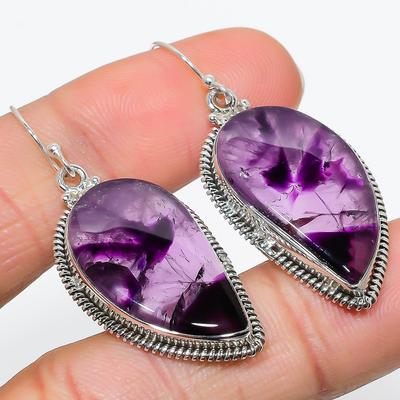 Natural Brazilian Amethyst Gemstone 925 Solid Sterling Silver Earring 2" P6t76