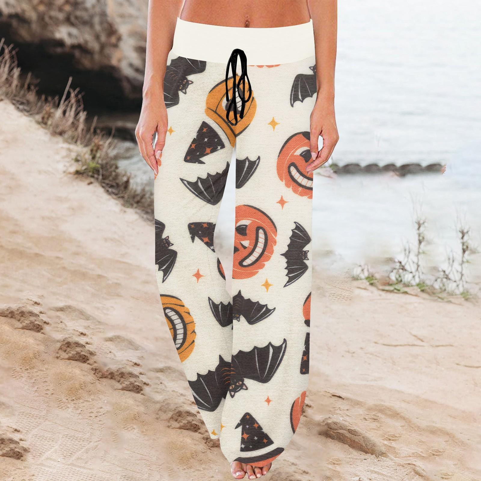 Women s Sports Pants Sleeping Pants Printed Drawstring Wide Leg Pants Casual Trousers With Pockets XL белый