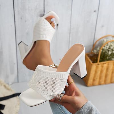 Plus Size Women’s Summer Block Heel Sandals Fashion Square Toe Slip-on High Heel Slippers