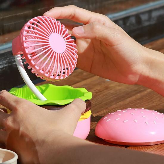 Air Cooler Novelty Hamburger Mini Fan with Makeup Mirror Foldable Design 3-Speed Wind Adjustment USB Rechargeable Cooling Fan