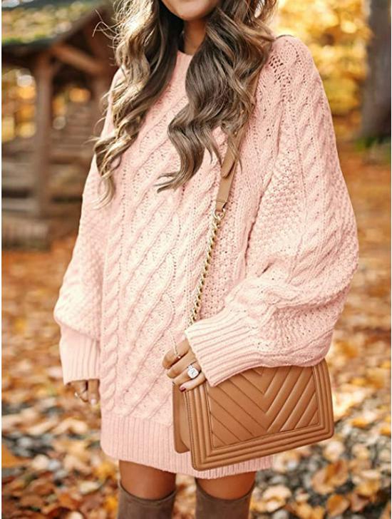 European & American Women's Oversized Cable Knit Sweater Dress - Round Neck, Long Sleeve, Mid-Length, Warm
