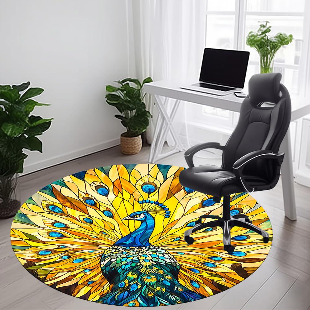 1PC Peacock StainedGlass Office Round Area Rug, Mat Suitable For Office, Under Office Chairs Bedroom Living Room Home Decor, Room Deco