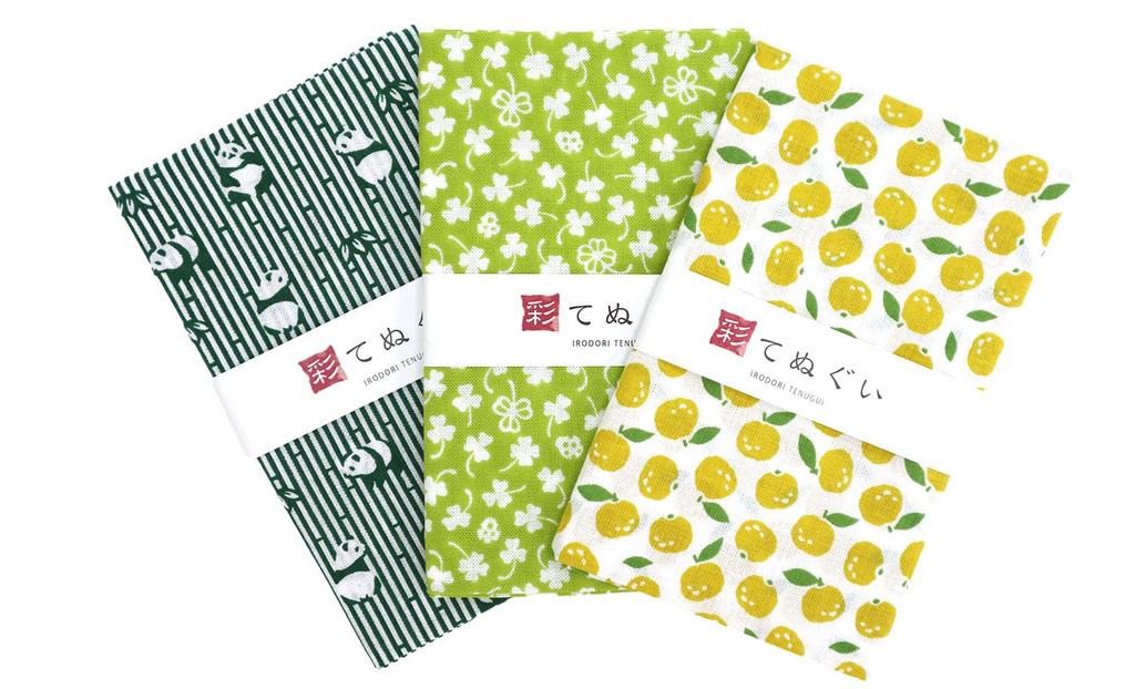 Irodori Komon Tenugui Pattern Hand Green 33 x 90cm (Small Towels) Set, Uncut, 3-Piece Set,